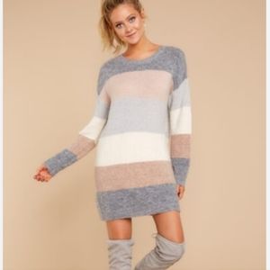 Red Dress Fable neutral color block striped sweater dress